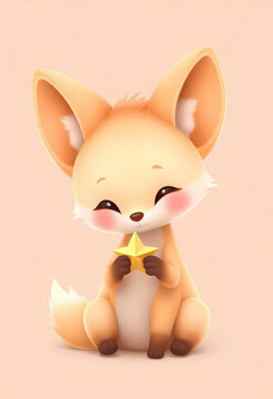  Peach-colored fennec fox baby holding tiny star, soft rounded features, smooth minimal 3D cartoon illustration, pastel peach background, magical kawaii atmosphere, ultra charming render.
