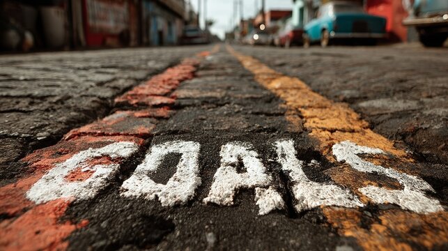 Close-up of painted goals on cobblestone street with yellow center line and blurred vintage cars in shallow depth of field