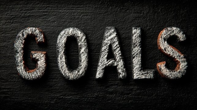 Goals word in textured letters dusted with white powder on dark slate background conveying ambition and achievement