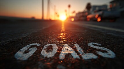 Fototapeta premium Low angle road at sunset with goals painted on asphalt symbolizing journey, ambition and reaching new horizons