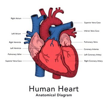 Anatomical diagram of the human heart with labeled parts and blood vessels