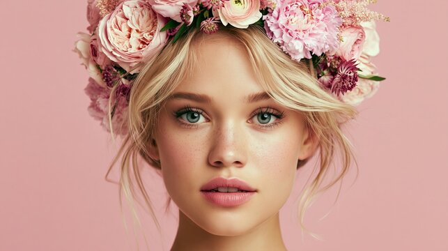 Woman with flower crown poses against a pretty pink backdrop.
