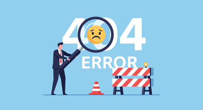 Sad businessman holding magnifying glass looking for 404 error page. file not found, problem with server. webpage not found or broken link concept.