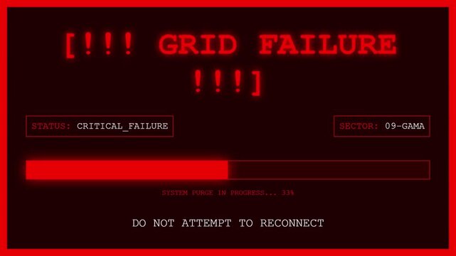Grid Failure Critical Status Screen Showing System Purge In Progress Loading Bar and Blocking Unauthorized Reconnect Attempts Interface Terminal.