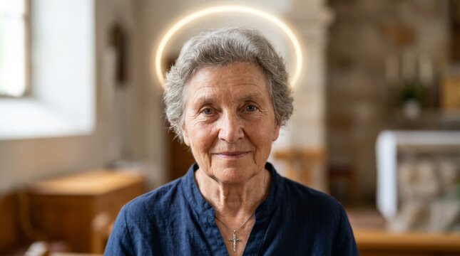 Portrait of a serene elderly woman with a glowing halo and silver cross necklace inside a church. Spiritual senior saint concept with religious faith