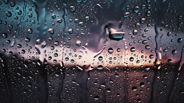 Dark storm clouds seen through wet window glass droplets