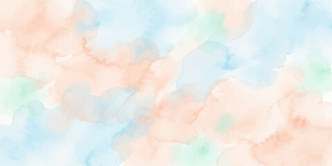 Obraz premium Soft watercolor wash with delicate blending of peach, sky blue, and mint green hues, creating a serene and dreamy abstract background perfect for adding a touch of gentle color to any design.