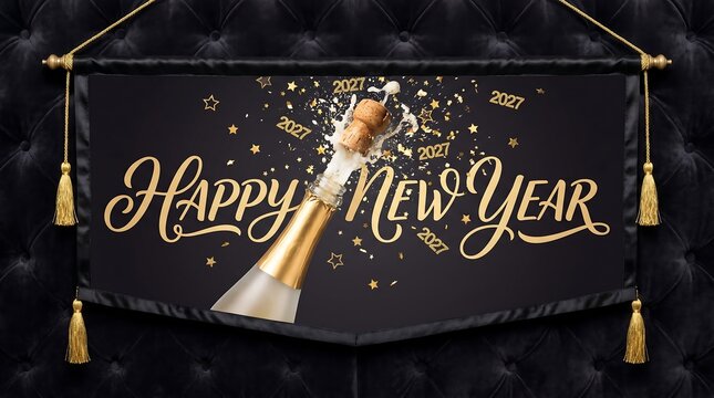 Celebratory champagne bottle exploding with golden confetti and 'Happy New Year' text on a luxurious dark background.