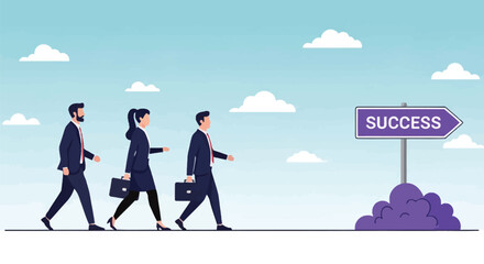 Diverse business professionals walk together towards success signpost on blue sky background symbolizing teamwork progress and achieving goals in corporate journey. © sjeixh
