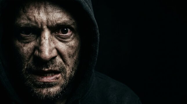 Dark menacing man in a black hooded jacket with a dirty face looking intensely at the camera. Close-up portrait of a criminal suspect or thriller villain with deep wrinkles and beard
