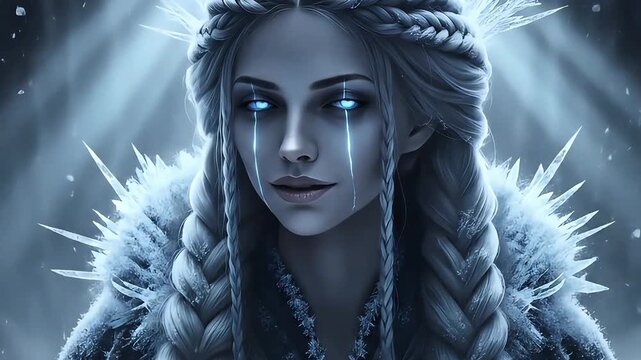 Close up portrait of a powerful fantasy ice queen with glowing blue eyes in a dark winter forest