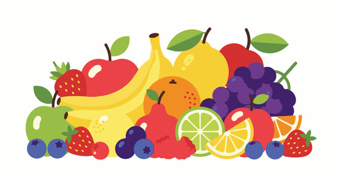 A vibrant, flat illustration of a bountiful assortment of fresh fruits