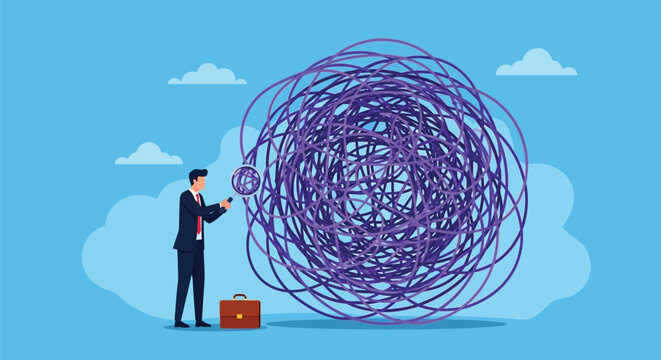 Man with magnifying glass examining tangled purple threads ball symbolizing complexity confusion and challenge in finding solutions for difficult problems.