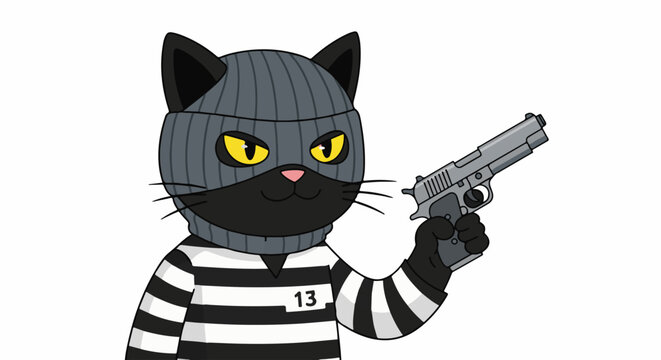 Cartoon black cat wearing ski mask and prison outfit holds pistol