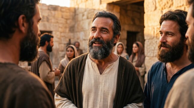 Biblical scene with apostle Peter speaking to disciples in Jerusalem. Men and women congregating to discuss faith, grace and religious teaching. Ancient historical gathering in Bible.