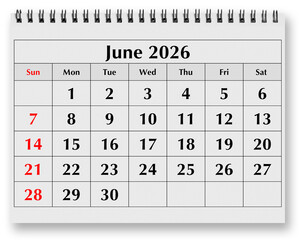 Page of annual monthly calendar - month June 2026