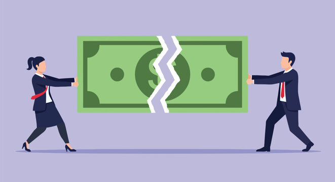 Man and woman in suits pulling apart large green dollar bill representing financial dispute divorce asset division or corporate budget conflict in business.