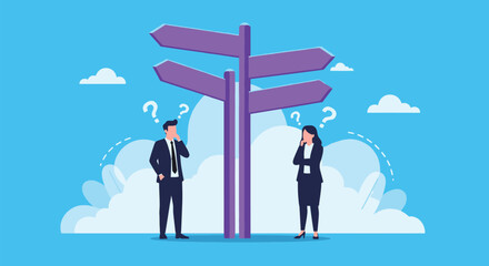 Confused business man and woman standing under directional road signs with question marks depicting career choice dilemma or strategic planning uncertainty. © sjeixh