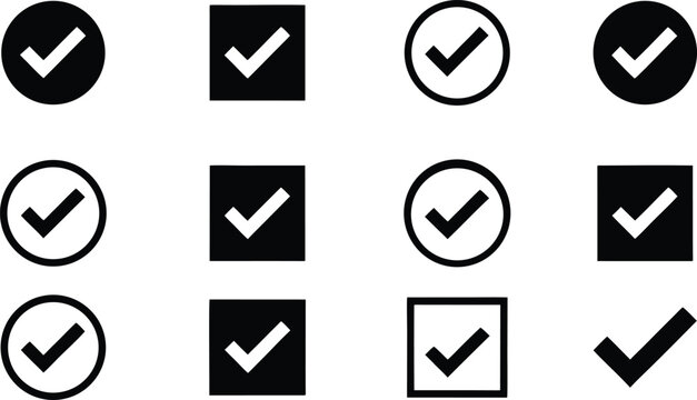 Check mark icon set with black circle and square tick options isolated on white background for user interface design