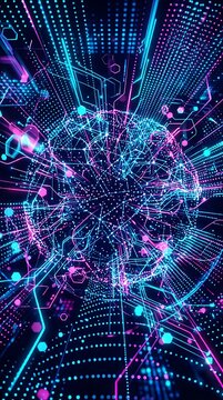 Futuristic abstract digital neural network background with neon light effects.