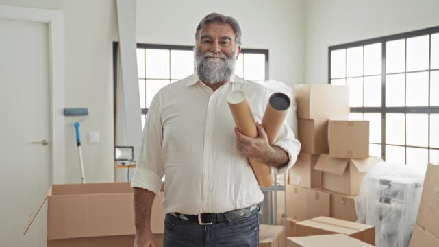 Man with hoary beard holds rolled blueprints and cardboard packages in a bright building storage room amid stacked moving boxes and packing material; new chapter contentment.