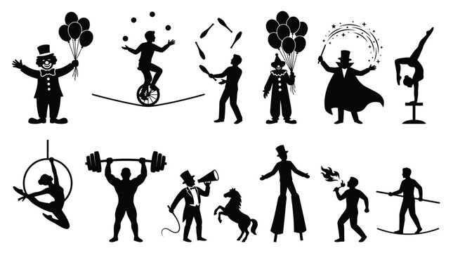 Collection of diverse circus performers showcasing various acrobatic and entertainment acts in silhouette