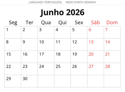 2026 Portuguese June monthly calendar planner Junho. Vector illustration for Portugal