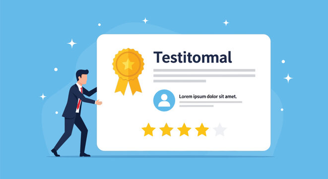 Man presenting testimonial review with rating stars satisfaction positive feedback customer experience client testimonial satisfaction.