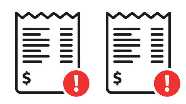 Two paper receipt icons featuring a dollar sign and a red alert exclamation mark symbol graphic