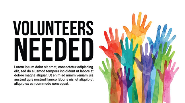 Multicolored watercolor hand prints reaching up in this creative image representing a call for volunteers