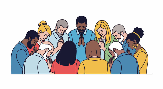 Diverse people in prayer circle, hands together, heads bowed in reverence and unity