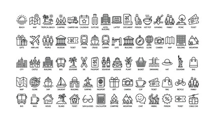 A comprehensive collection of travel and lifestyle themed icons representing various modes of transportation destinations activities and essentials for journeys © ABDULLAH