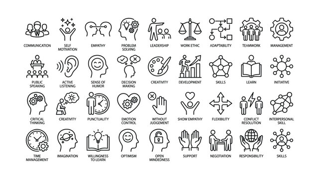 A collection of sixty diverse icons representing essential soft skills and professional attributes for personal and career development