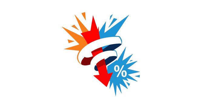 Dynamic graphic with swirling ribbons, exploding shapes, a down arrow, and a percentage symbol