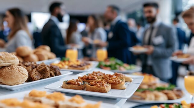 Business professionals and guests networking around a corporate catering buffet, sampling appetizers, pastries and drinks during a conference or seminar social gathering