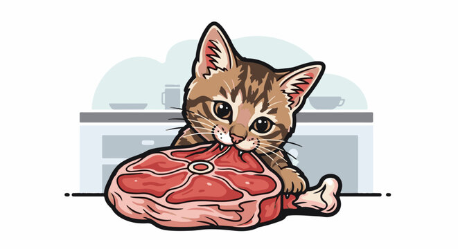 Cute tabby kitten with big eyes gnawing on a raw steak in a kitchen