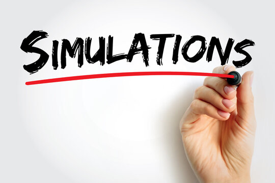 Simulations written in marker typography underlined in red, symbolizing interactive digital experiments, learning models, and realistic virtual education environments