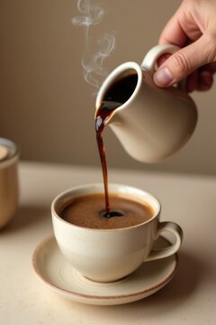 Vertiendo a mano caf&eacute; humeante en una delicada taza de cer&aacute;mica con un suave esmalte terroso