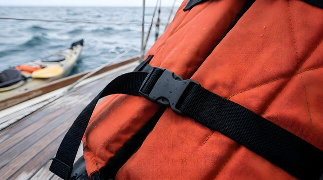 Orange life jacket with buckle isolated on transparent background. Generated with AI
