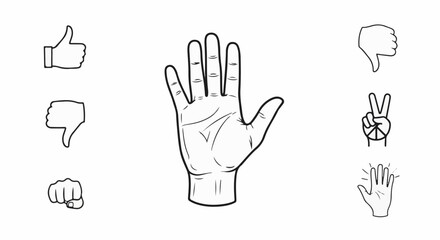 Fototapeta premium Collection of line art hand gestures open palm, thumbs up/down, fist, peace sign