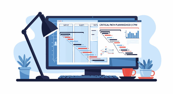Computer displaying project plan with charts and plants on desk