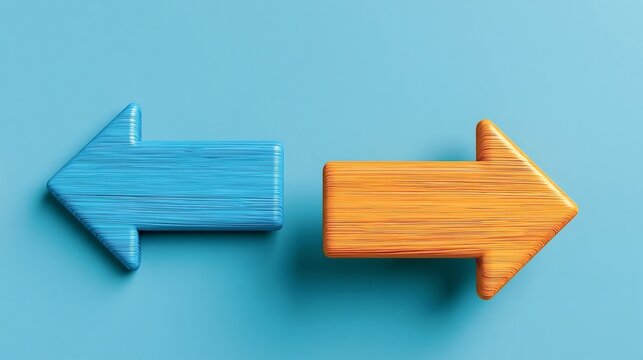 Two contrasting textured arrows, one blue and one orange, pointing in opposite directions, symbolizing divergence, decision making, and different paths or options on a blue background