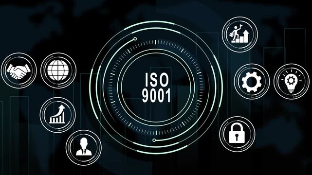 Iso 9001 management system certification concept with animated digital interface for corporate business standards, compliance, process improvement, and excellence