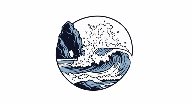 Circular graphic of crashing ocean waves against a dark, jagged rock formation