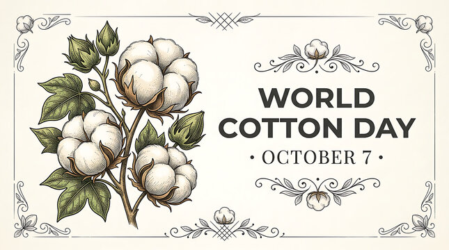 World cotton day illustration with cotton plant and decorative border on beige background