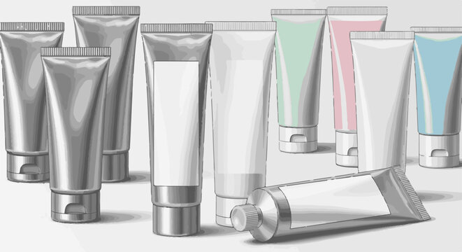 Collection of various squeeze tubes, some filled with colored cosmetic products