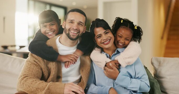 Love, face and hug kids in family home for connection, bonding together and care with parents. Children, mother and father with piggyback at living room for relax, smile and trust on weekend break