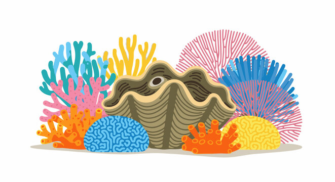 Colorful coral reef with a giant clam in the center and diverse marine life