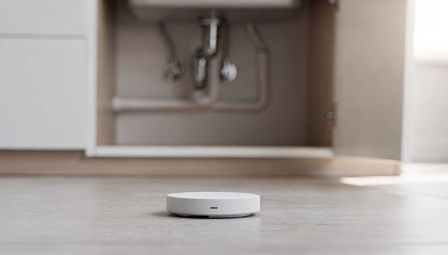 Medium shot showing a modern water leak sensor positioned under a redesigned sink cabinet with the faucet and counter softly blurred to emphasize the device.