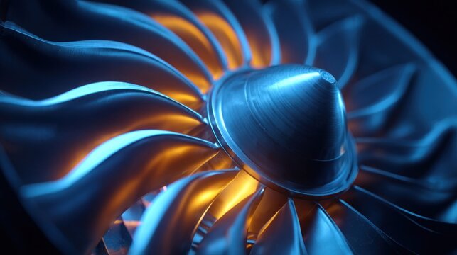 Close-up view of a futuristic jet engine turbine with blue and orange lighting